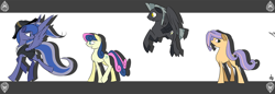 Size: 2000x690 | Tagged: safe, artist:dream-phoenix, bon bon, princess luna, sweetie drops, thunderlane, oc, alicorn, earth pony, pegasus, pony, bicorne, captain luna, female, hat, male, mare, stallion, under a paper moon