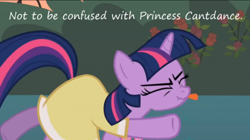 Size: 500x279 | Tagged: safe, edit, edited screencap, screencap, princess cadance, twilight sparkle, alicorn, pony, sweet and elite, birthday dress, clothes, cropped, dancing, do the sparkle, dress, insane pony thread, pun, scrunchy face, solo, tongue out