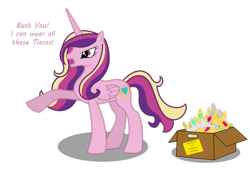 Size: 900x628 | Tagged: safe, artist:yashmon, princess cadance, alicorn, pony, angry, cadance loves tiaras, glare, missing accessory, open mouth, pointing, solo, tiara