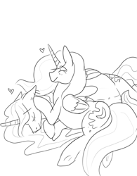 Size: 780x1000 | Tagged: safe, artist:dolly, princess celestia, princess luna, alicorn, pony, belly, monochrome, petting, pregnant, sketch