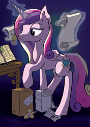 Size: 2480x3508 | Tagged: safe, artist:php64, princess cadance, alicorn, pony, book, letter, paperwork, pile, scroll, sleepy, solo, table, working