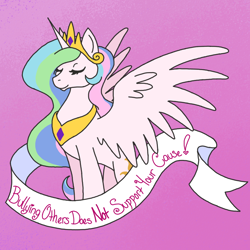 Size: 800x800 | Tagged: safe, artist:lovelywaifu, princess celestia, alicorn, pony, eyes closed, mouthpiece, old banner, positive message, positive ponies, smiling, solo, spread wings