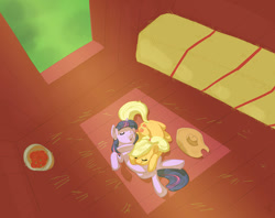 Size: 1152x912 | Tagged: safe, artist:carnifex, derpibooru import, applejack, twilight sparkle, earth pony, pony, barn, crepuscular rays, female, lesbian, mare, shipping, sleeping, twijack