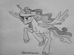 Size: 900x672 | Tagged: safe, artist:awesomecoolwhip, princess cadance, alicorn, pony, floppy ears, flying, frown, glare, monochrome, serious, solo, spread wings, traditional art, windswept mane