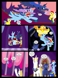 Size: 1024x1365 | Tagged: safe, artist:gatesmccloud, prince blueblood, princess luna, rainbow dash, twilight sparkle, alicorn, pegasus, pony, royal guard, the rightful heir