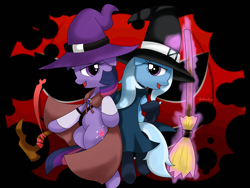 Size: 1400x1050 | Tagged: safe, artist:hoyeechun, derpibooru import, trixie, twilight sparkle, broom, nightmare night, signature, witch