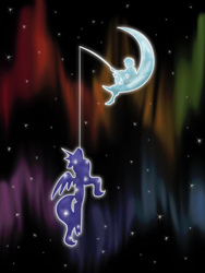 Size: 600x800 | Tagged: safe, artist:karlaandbliss, princess luna, alicorn, pony, aurora borealis, behaving like a fish, closing logo, dreamworks, fishing, fishing rod, lunadoodle, moon, stars, tangible heavenly object