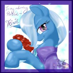 Size: 800x800 | Tagged: safe, artist:feniiku, derpibooru import, trixie, flower, smiling