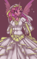 Size: 1657x2599 | Tagged: safe, artist:misukitty, princess cadance, anthro, breasts, clothes, dress, female, solo, wedding dress