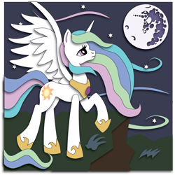 Size: 896x896 | Tagged: safe, artist:the-paper-pony, princess celestia, alicorn, pony, mare in the moon, moon, night, solo, stars