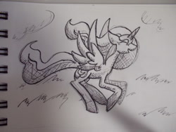 Size: 1280x960 | Tagged: safe, artist:karlaandbliss, princess luna, alicorn, pony, eyes closed, flying, happy, ink, lunadoodle, monochrome, paper, photo, sketch, solo, traditional art