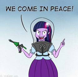 Size: 640x632 | Tagged: safe, artist:el-yeguero, twilight sparkle, alien, equestria girls, are equestrian girls human?, blatant lies, gun, handgun, humanized, invasion, mars attacks, warmonger, weapon