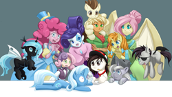 Size: 1920x1080 | Tagged: safe, artist:dstears, applejack, fluttershy, pinkie pie, pound cake, princess luna, pumpkin cake, rarity, sweetie belle, trixie, oc, oc:egophiliac, oc:imogen, oc:sunshine smiles (egophiliac), bat pony, changeling, human, pony, robot, artist, cartographer's cap, changeling oc, egophiliac, eyepatch, filly, frown, hat, heart, holding a pony, humanized, inconvenient trixie, moonstuck, mouth hold, open mouth, ponysona, slice of pony life, smiling, steampunk, steamquestria, tribute, wallpaper, wide eyes, woona