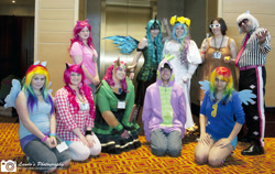 Size: 900x569 | Tagged: safe, photo finish, pinkie pie, princess celestia, queen chrysalis, rainbow dash, spike, human, cosplay, irl, irl human, photo