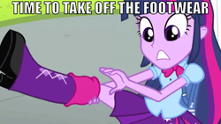 Size: 672x378 | Tagged: safe, edit, edited screencap, screencap, twilight sparkle, equestria girls, equestria girls (movie), boots, image macro, solo