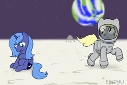 Size: 1000x667 | Tagged: safe, artist:empyu, derpy hooves, princess luna, alicorn, pegasus, pony, 30 minute art challenge, astronaut, female, mare, moon, s1 luna, spacesuit