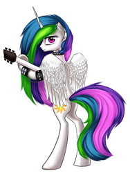 Size: 1500x2000 | Tagged: safe, artist:1nakir1, princess celestia, alicorn, pony, bipedal, bracelet, collar, guitar, looking at you, looking back, piercing, solo