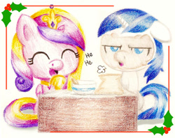 Size: 600x474 | Tagged: safe, artist:flutterluv, princess cadance, shining armor, alicorn, pony, unicorn, christmas, holly, traditional art