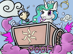 Size: 800x600 | Tagged: safe, artist:firgof, princess celestia, alicorn, pony, bath, bathtub, bubble, bubble bath, cloud, cloudy, flying, minecart, solo, wheel