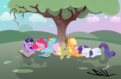 Size: 7493x4923 | Tagged: safe, artist:sintakhra, derpibooru import, applejack, fluttershy, pinkie pie, rainbow dash, rarity, twilight sparkle, earth pony, pegasus, pony, unicorn, absurd resolution, mane six, relaxing, sleeping