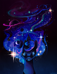 Size: 1550x2006 | Tagged: dead source, safe, artist:matrosha123, princess luna, alicorn, pony, eyes closed, portrait, solo, space