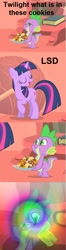 Size: 485x1849 | Tagged: safe, derpibooru import, spike, twilight sparkle, dragon, cookie, drugs, lsd