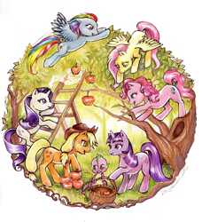 Size: 638x700 | Tagged: safe, artist:linnpuzzle, derpibooru import, applejack, fluttershy, pinkie pie, rainbow dash, rarity, spike, twilight sparkle, dragon, earth pony, pegasus, pony, unicorn, apple, magic, mane seven, mane six, orchard, partial background, traditional art, tree, working