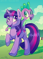 Size: 584x800 | Tagged: safe, artist:anjila, derpibooru import, spike, twilight sparkle, dragon, grass