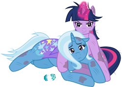 Size: 8346x6015 | Tagged: safe, artist:baka-neku, artist:kinla, derpibooru import, trixie, twilight sparkle, absurd resolution, angry, female, injured, lesbian, sad, shipping, trixiebuse, twixie