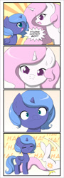 Size: 700x1950 | Tagged: safe, artist:jdan-s, princess celestia, princess luna, alicorn, pony, 4koma, :3, catface, cewestia, colored pupils, comic, cross-eyed, cute, cutelestia, filly, funny face, laughing, lunabetes, scrunchy face, staring contest, woona, younger