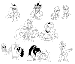 Size: 2000x1710 | Tagged: safe, artist:advanceddefense, fluttershy, princess celestia, princess luna, rarity, silver spoon, spike, oc, anthro, human, compilation, humanized, karate, lineart, monochrome, muscles, princess muscle moona, princess musclestia, yu-gi-oh!, yugi muto