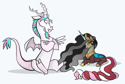 Size: 1090x728 | Tagged: safe, artist:mn27, discord, princess celestia, bedroom eyes, crossed arms, frown, grin, grumpy, palette swap, personality swap, prone, sitting, smiling, species swap, unamused