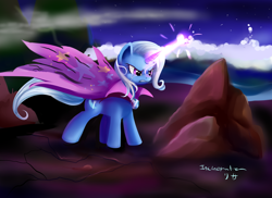 Size: 900x656 | Tagged: safe, artist:incinerater, derpibooru import, trixie, angry, crying, magic