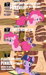 Size: 500x805 | Tagged: safe, derpibooru import, edit, edited screencap, screencap, pinkie pie, twilight sparkle, earth pony, pony, a friend in deed, comic, duo, fourth wall, hub logo, hubble, screencap comic, the hub, transformers, tv rating