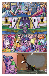 Size: 700x1077 | Tagged: safe, edit, idw, applejack, fluttershy, pinkie pie, princess celestia, rainbow dash, rarity, spike, twilight sparkle, twilight sparkle (alicorn), alicorn, dragon, earth pony, pegasus, pony, unicorn, twilight's kingdom, comic, female, golden oaks library, mane six, mare, telescope