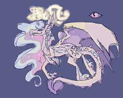 Size: 2500x2000 | Tagged: safe, artist:weepysheep, princess celestia, dragon, alternate universe, dragonified, dragonlestia, eyes closed, flying, magic, magic aura, purple background, simple background, smiling, solo, sparkles, species swap, spread wings, unshorn fetlocks