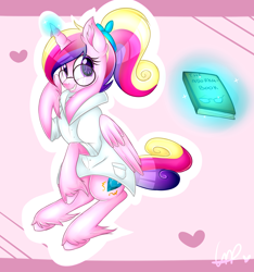 Size: 3000x3200 | Tagged: safe, artist:shyshyoctavia, princess cadance, alicorn, pony, adorkable, book, clothes, coat, cute, cutedance, dork, female, glasses, grin, heart, looking at you, magic, sitting, smiling, solo, unshorn fetlocks