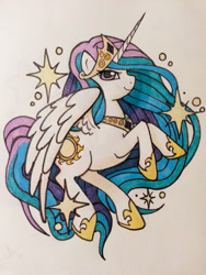 Size: 960x1280 | Tagged: safe, artist:pickletoez, princess celestia, alicorn, pony, female, horn, mare, multicolored mane, solo, traditional art, white coat