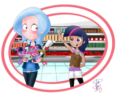 Size: 900x694 | Tagged: safe, artist:pa0oliitahw, derpibooru import, trixie, twilight sparkle, big crown thingy, female, grocery store, humanized, lesbian, shipping, shopping, twixie