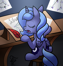 Size: 943x977 | Tagged: safe, artist:php92, princess luna, alicorn, pony, constellation, desk, eyes closed, filly, open mouth, quill, sleeping, solo, stool, woona