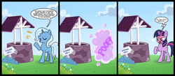 Size: 1700x744 | Tagged: safe, artist:madmax, derpibooru import, trixie, twilight sparkle, character to character, coin, comic, curse cut short, flower, funny, magic, pony to pony, poof, transformation, well, wishing well