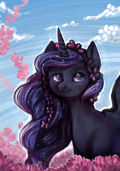 Size: 700x1000 | Tagged: safe, artist:temary03, princess luna, alicorn, pony, daytime, flower, flower blossom, flower in hair, portrait, sky, solo