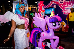 Size: 2048x1365 | Tagged: safe, artist:checkerboardprincess, princess celestia, twilight sparkle, twilight sparkle (alicorn), alicorn, human, 2013, cosplay, irl, irl human, official, photo, san diego comic con, security staff 4108