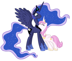 Size: 3600x3024 | Tagged: safe, artist:thecheeseburger, princess celestia, princess luna, alicorn, pony, eyes closed, eyeshadow, nuzzling, open mouth, palette swap, role reversal, simple background, spread wings, surprised, transparent background, vector, wide eyes