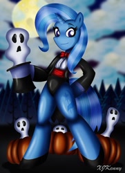 Size: 550x761 | Tagged: safe, artist:xjkenny, derpibooru import, trixie, pony, bipedal, halloween, hat, moon, night, pumpkin