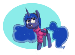 Size: 1280x937 | Tagged: safe, artist:verrmont, princess luna, alicorn, pony, blushing, clothes, crossover, gravity falls, lunadoodle, mabel pines, open mouth, solo, sweater