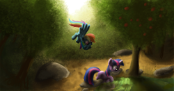 Size: 1920x1003 | Tagged: safe, artist:tuore, derpibooru import, rainbow dash, twilight sparkle, pegasus, pony, forest, paint, painting, pond, water