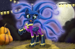 Size: 1224x792 | Tagged: safe, artist:evil-dec0y, mane-iac, princess luna, alicorn, pony, clothes, cosplay, costume, female, halloween, insanity, looking at you, luna-tic, lunatic, mare, nightmare night, open mouth, solo