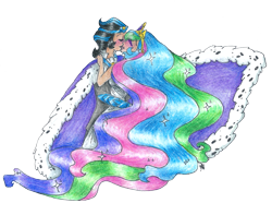 Size: 2553x1903 | Tagged: safe, artist:fountainstranger, king sombra, princess celestia, human, unicorn, cape, celestibra, clothes, eyes closed, eyeshadow, good king sombra, hug, humanized, kissing, shipping, simple background, traditional art, transparent background