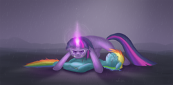 Size: 1370x675 | Tagged: safe, artist:sparkyverve, derpibooru import, rainbow dash, twilight sparkle, pegasus, pony, angry, crying, female, injured, lesbian, mare, protecting, rain, shipping, twidash